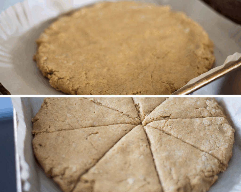 2 photos: top is the fresh milled pumpkin scone dough shaped into a circle on a piece of parchment paper, bottom is the dough scored into 8 equal pieces.