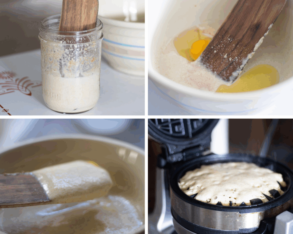 This is a 4 photo collage for sourdough discard waffles. 1. sourdough discard in a mason jar with a wooden spurtle in it, 2. a cream bowl with eggs, sourdough discard, oil, honey, salt and baking soda with a wooden spurtle in it, 3. the waffle batter in a cream colored bowl with some of the batter dripping from the wooden spurtle, 4. the waffle batter in the waffle maker.