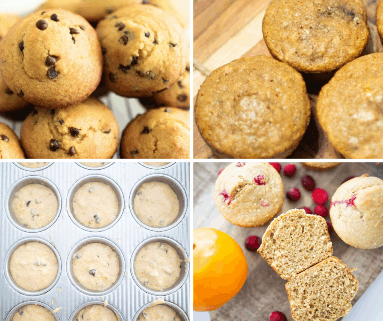 4 photos of sourdough muffins. 1. chocolate chip, 2. raspberry, 3. muffin batter in muffin tin, 4. cranberry orange muffins.