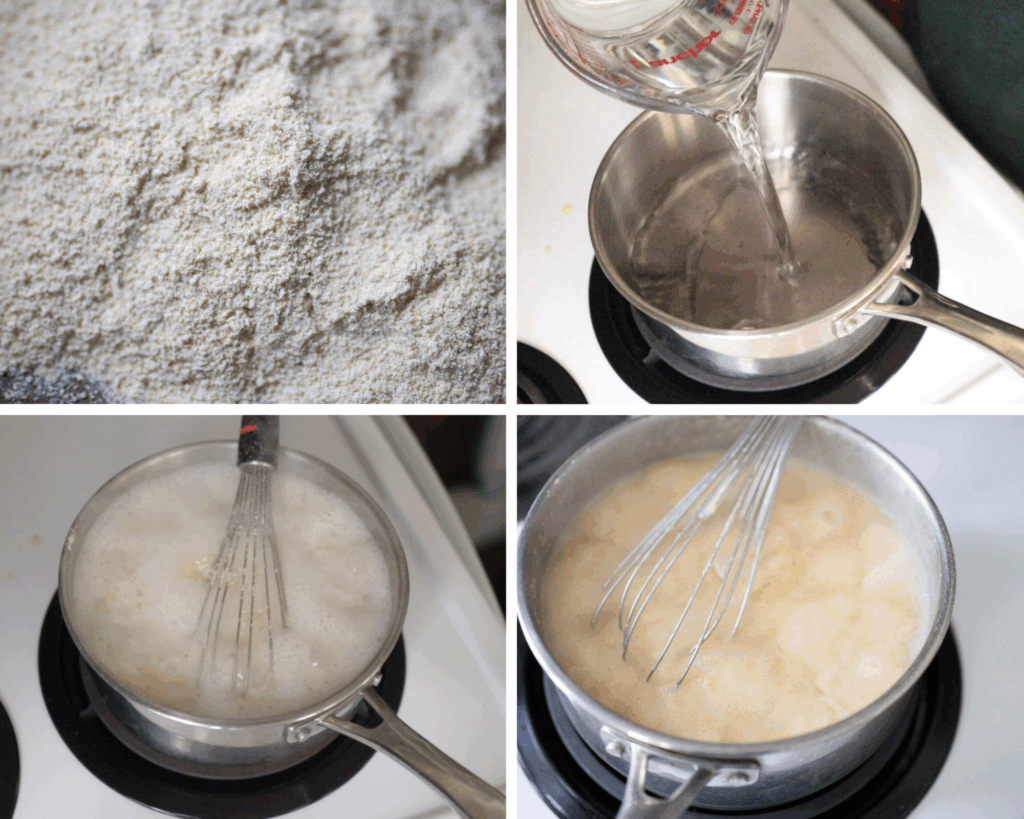 Top left photo is coarse ground flour, top right is water being poured into a stainless steel pot, bottom left is the cream of wheat boiling in the pot, bottom right is the cream of wheat done cooking in the pot with a whisk.