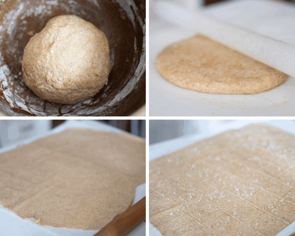 4 photo collage showing fresh milled crackers in progress. 1. the cracker dough in a brown bowl, 2. the cracker dough ball on a piece of parchment paper half covered with another piece of parchment paper, 3. the cracker dough rolled out thin, 4. the cracker dough scored and salted.