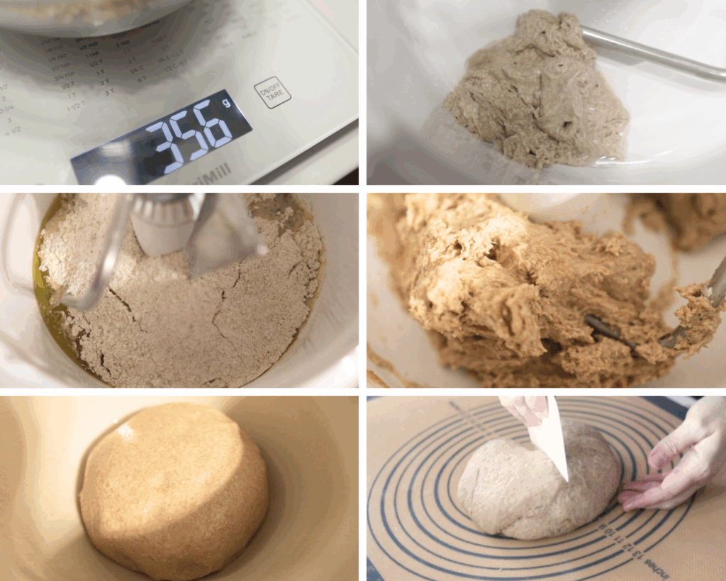 6 photo collage of sourdough recipe converted from a yeast recipe in progress. 1. weighing the flour, 2. adding the starter to the water, 3. adding the flour to the starter and water, 4. the dough before kneading, 5. the dough after kneading in a bowl, 6. a hand is using a bench knife to divide the risen sourdough dough on a silicone mat.