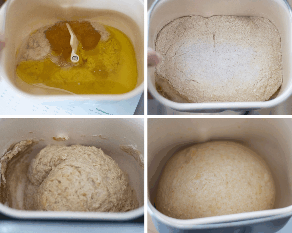 4 photo collage of fresh milled bread machine sourdough sandwich bread in progress. 1. liquid ingredients in the pan, 2. dry ingredients on top of wet ingredients in the loaf pan, 3. the dough mixing in the machine, 4. the kneaded dough in the loaf pan in the machine.