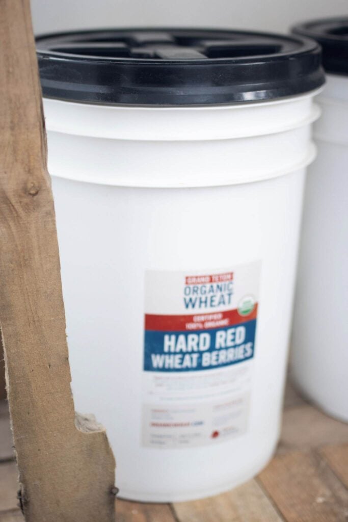 food grade 6 gallon bucket with black lid full of wheat berries for long term storage