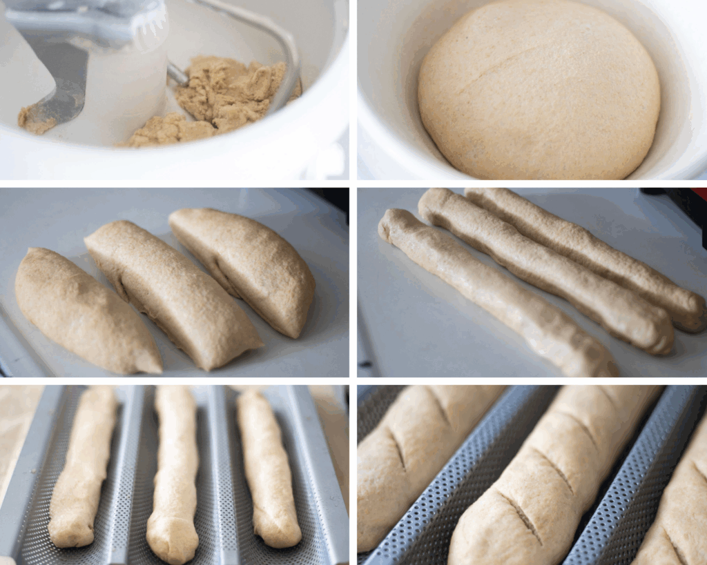 This is a 6 photo collage for in progress photos for making fresh milled baguettes. 1. the dough is in a stand mixer, 2. the dough is risen in a cream colored bowl, 3. the dough is divided into 3 pieces, 4. the pieces are shaped into baguette shapes, 5. the shaped baguettes are on the baguette pan, 6. the risen baguettes are scored diagonally across the top in the baguette pan.