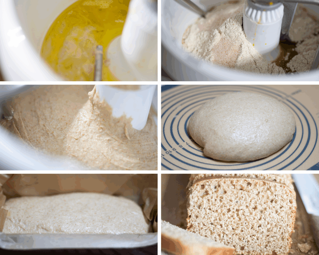 6 photo collage for making sourdough spelt sandwich bread. 1. liquid ingredients in the bowl of a stand mixer, 2. dry ingredients in the mixing bowl, 3. the dough after kneading in the mixer bowl, 4. the dough on a silicone mat, 5. the dough in a loaf pan lined with parchment paper, 6. the crumb of the loaf. It is light and airy.