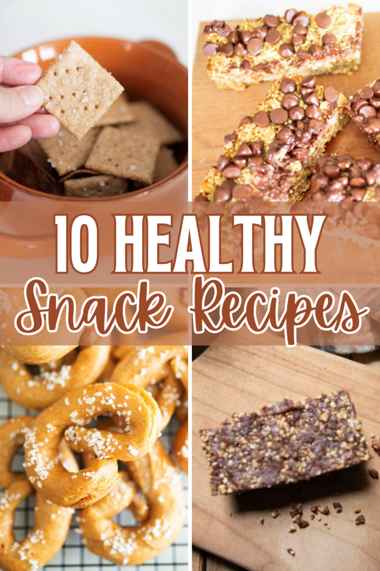 4 photos of snacks. crackers, pretzels, breakfast bars, and date bars with text reading 10 healthy snack recipes.