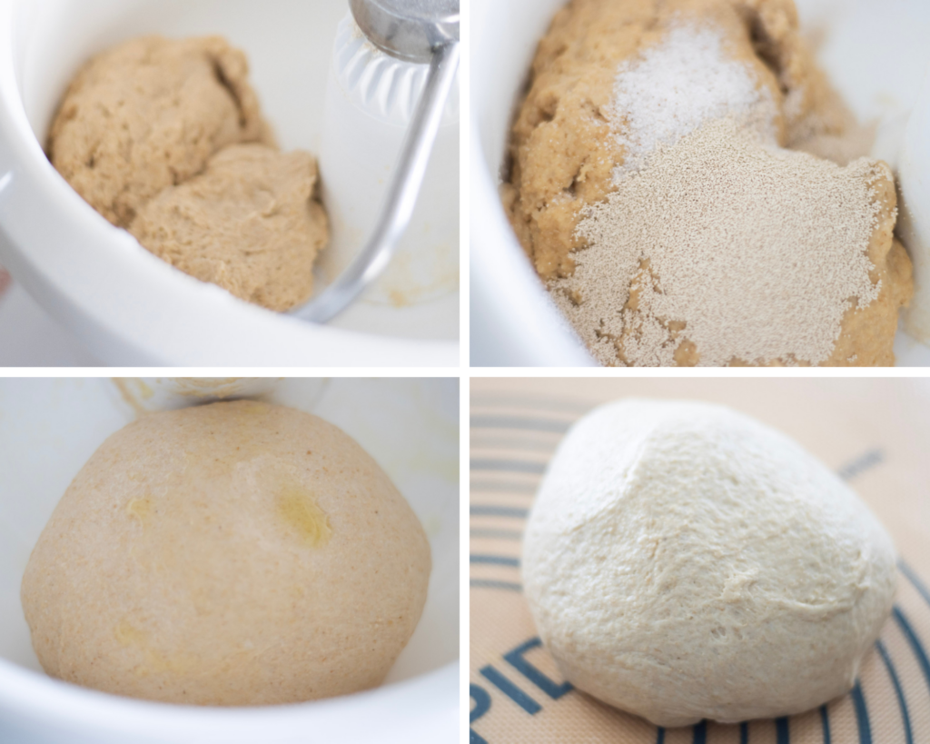 4 photo collate of flatbread dough in progress. 1. dough just mixed in mixer bowl, 2. dough with yeast and salt on top, 3. dough ball after kneading, 4. dough ball on a silicone mat.