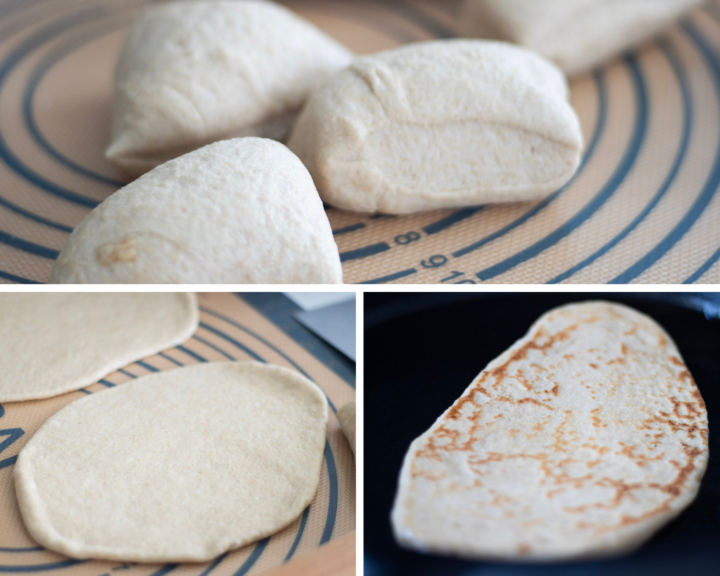 3 photo collage of shaping and cooking flatbread. 1. the dough divided on a silicone mat, 2. the dough rolled out and shaped, 3. the flatbread cooking in a cast iron skillet.