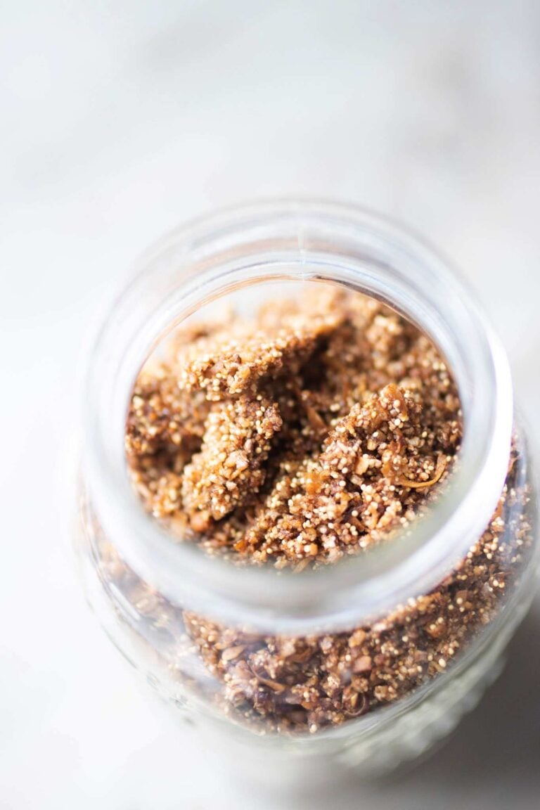 Off center photo looking down into a jar of oat free granola.