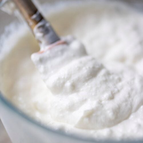Close up photo of creamy bread machine yogurt in a bowl with a wooden handled spatula.
