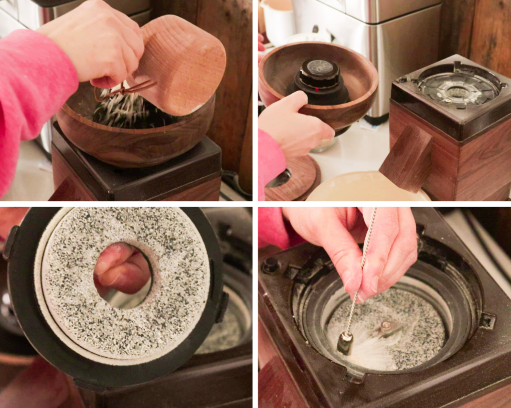 4 photos showing how to clean a stone mill grain mill. 1. pouring rice in the hopper to mill, 2. removing the hopper, 3. showing one of the stones, 4. cleaning the bottom stone.