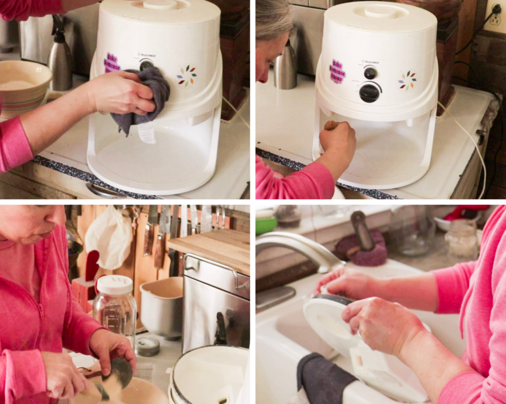 4 photos to show how to clean and impact grain mill. 1. wiping the surface of the housing with a damp cloth, 2. cleaning under the motor, 3. cleaning the filter, 4. washing the lid and bowl.