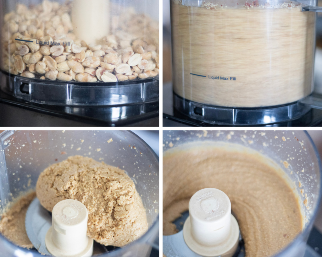 4 photo collage for making peanut butter: 1. peanuts in bowl of food processor, 2. the peanuts processing, 3. a ball of peanut mixture after 1 minutes, 4. creamy peanut butter in the food processor.