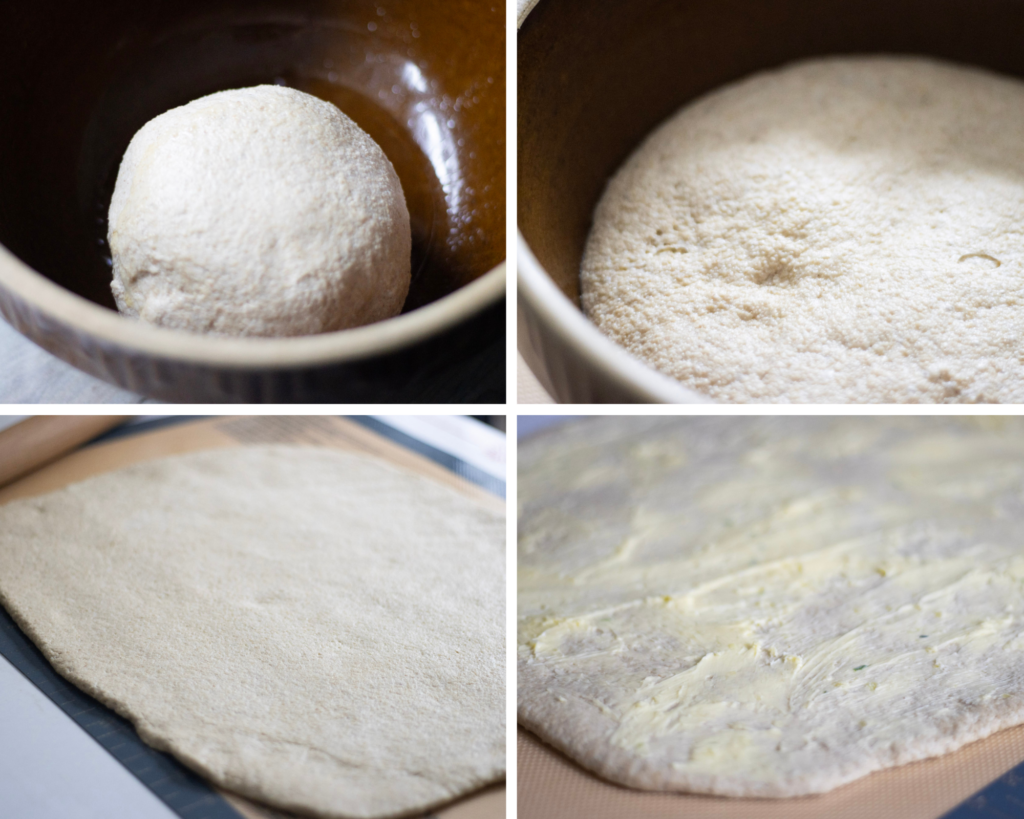 4 photos: 1. garlic knot dough after kneading in brown bowl, 2. garlic dough after rising in brown bowl, 3. garlic knot dough rolled out into a large rectangle, 4. garlic knot dough spread with garlic butter.