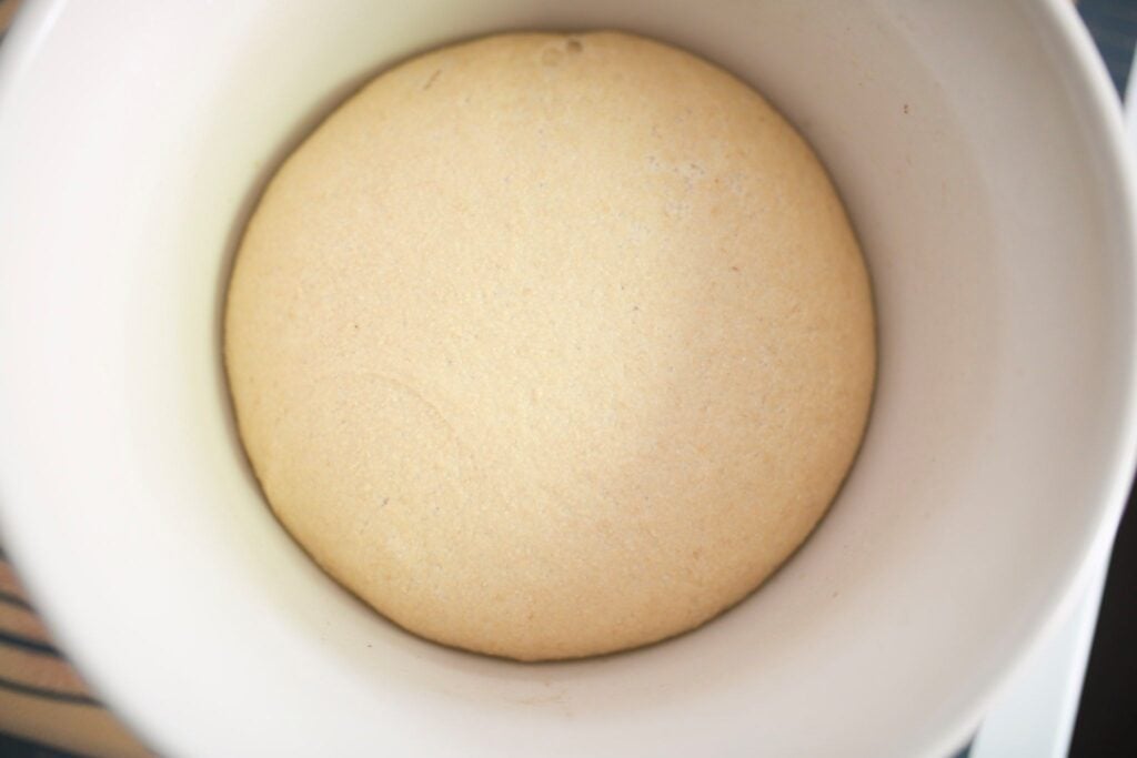 Risen dough is in a white bowl. The photo is overhead.
