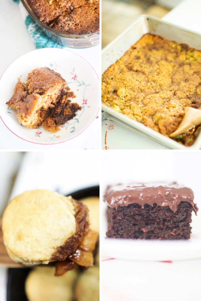 4 photos, 1. coffee cake on a white bowl, 2. rhubarb cobbler in metal square pan, 3. peach cobbler on a spatula, and 4. chocolate cake with chocolate frosting on a white plate.