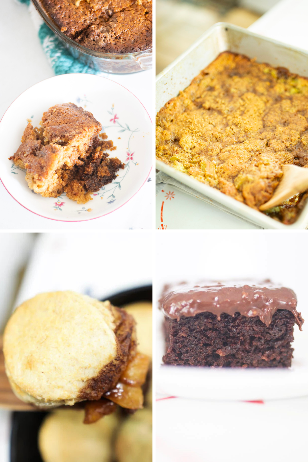 4 photos, 1. coffee cake on a white bowl, 2. rhubarb cobbler in metal square pan, 3. peach cobbler on a spatula, and 4. chocolate cake with chocolate frosting on a white plate.