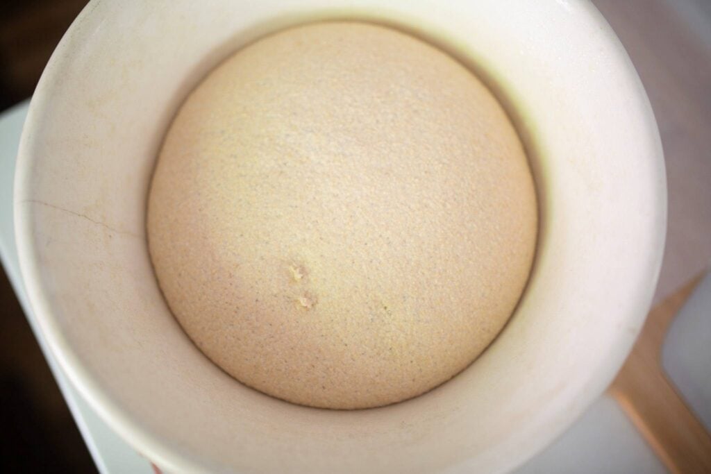 A ball of risen dough in a cream colored bowl.