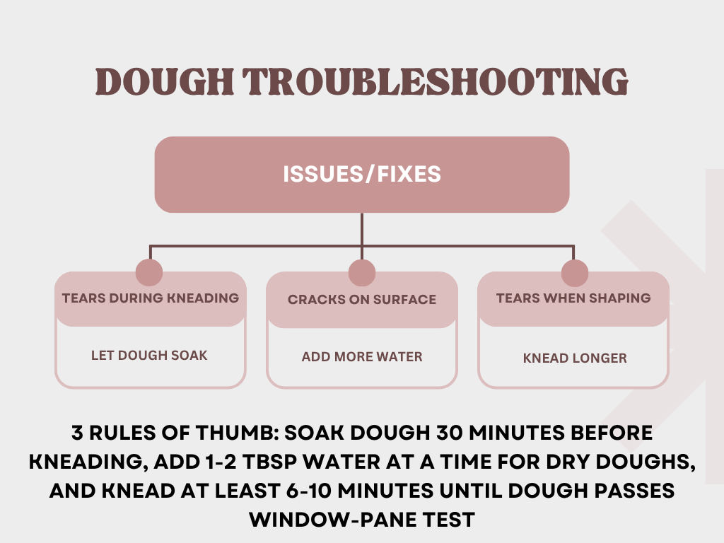 This is a chart about troubleshooting your dough. It gives 3 problems and solutions. Tearing dough, cracking dough, and tearing while shaping. I suggest 3 fixes, soak the dough for 30 minutes, add 1-2 tbsp water at a time, and knead longer until it passes the window-pane test.