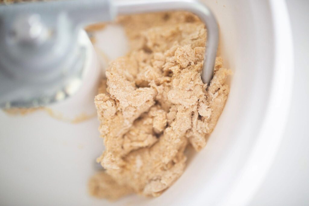 Dense, dry dough in a stand mixer.