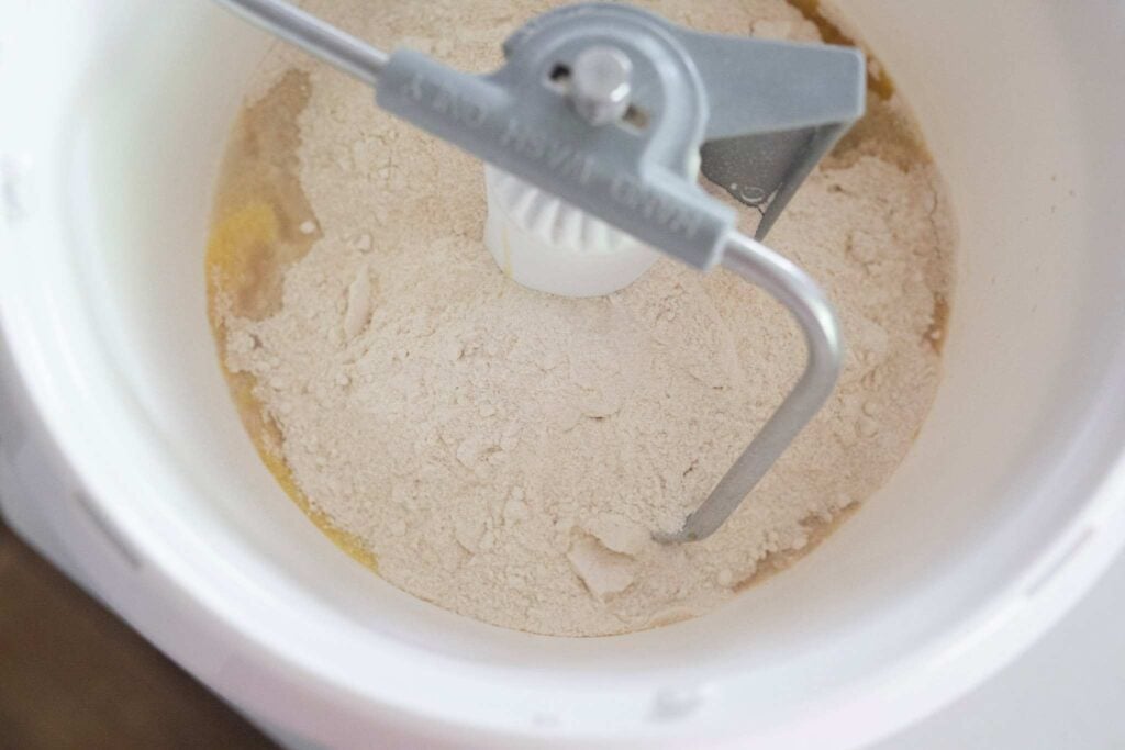 Ingredients in a stand mixer.