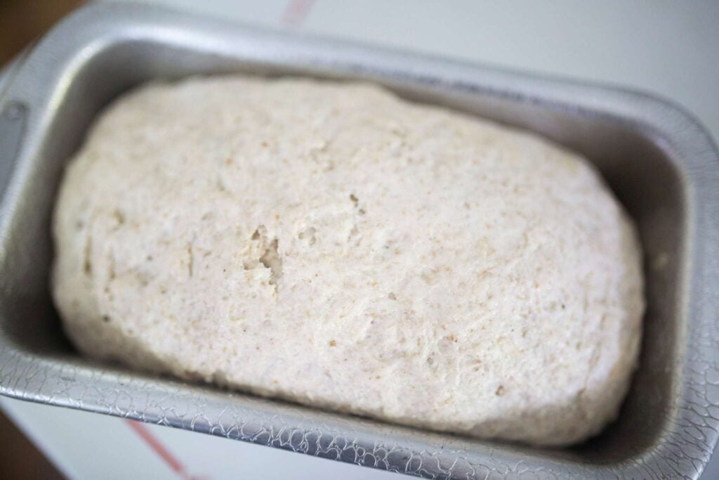 Bread dough is in a metal bread pan and has risen to the top of the pan.