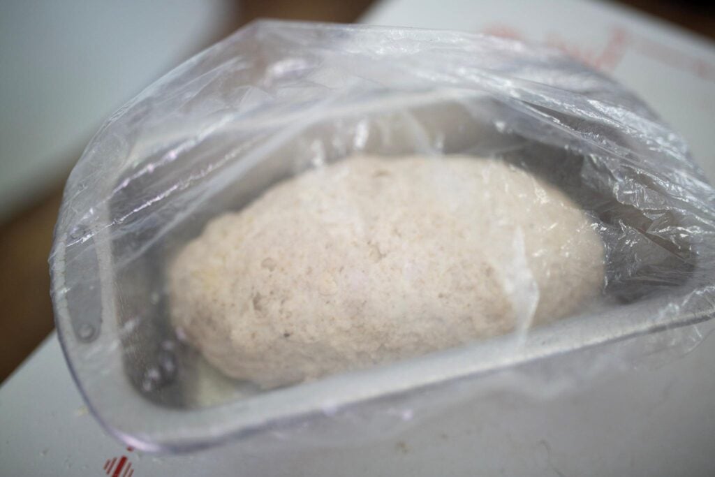 Loaf pan with bread dough in it with a plastic bowl cover on it.