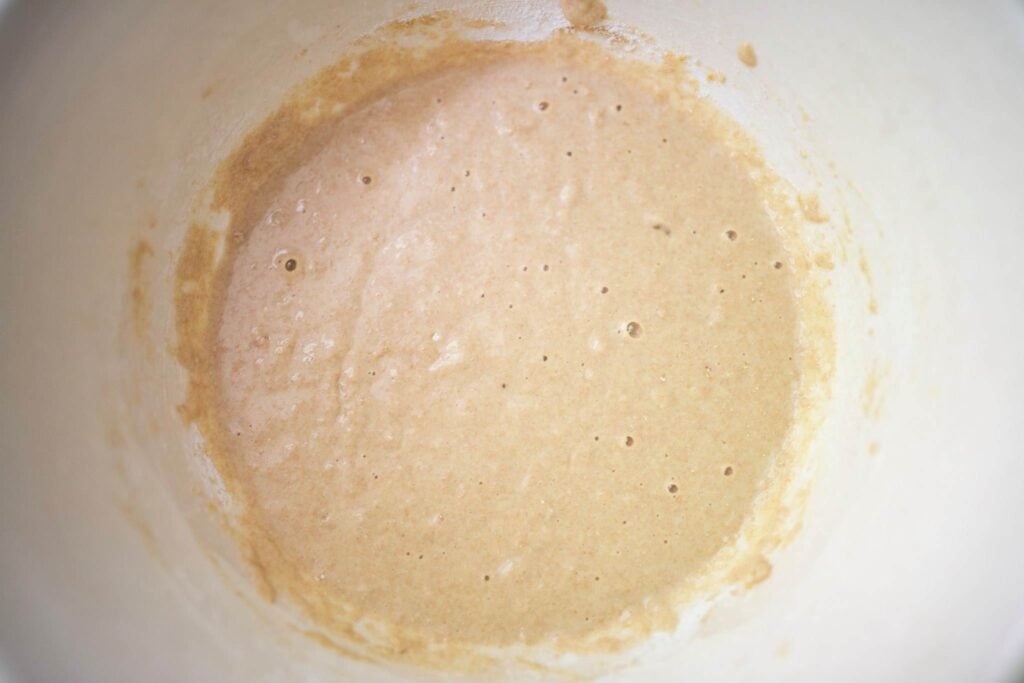 There is a bubbly wet mixture in a cream bowl.