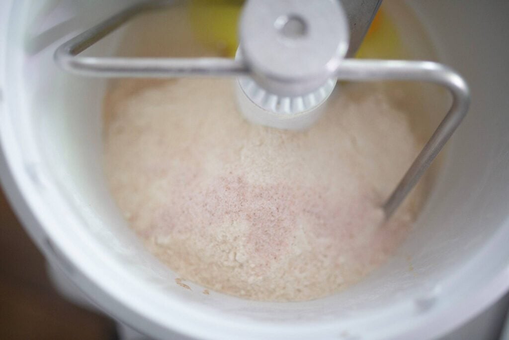 Flour and salt sit on top of wet ingredients in a stand mixer.