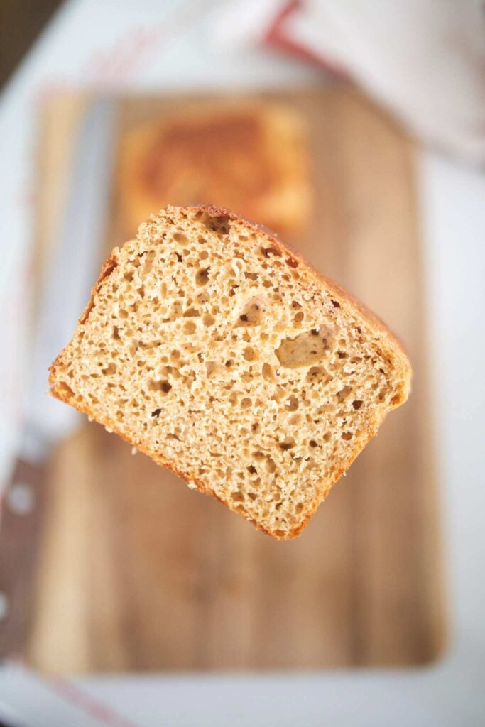 An overhead photo of the crumb of a loaf of bread.