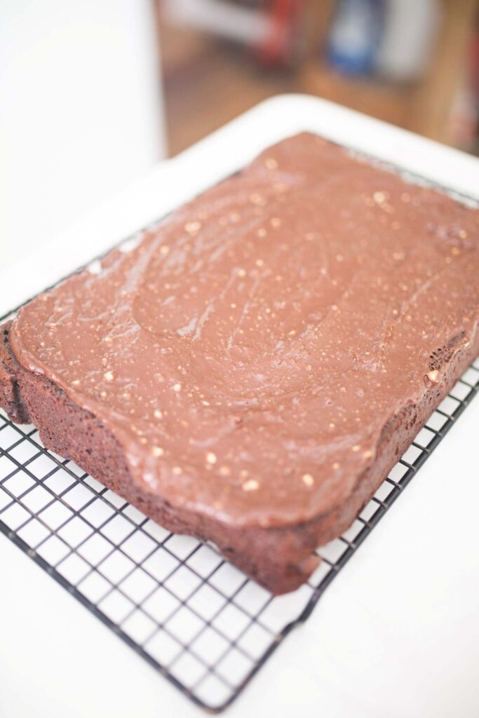 Chocolate sheet pan cake on wire rack frosted.