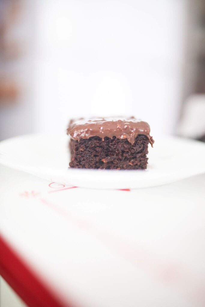 A side view of a slice of chocolate cake.