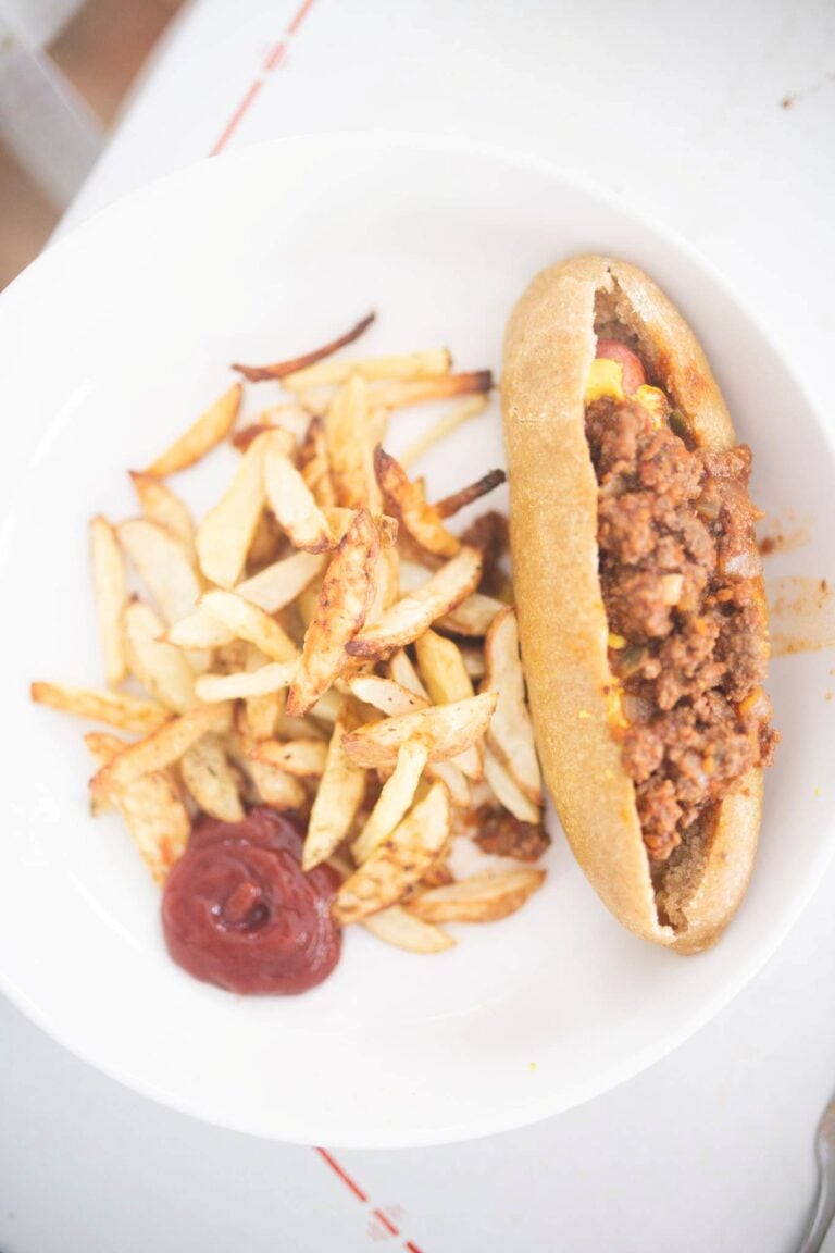 There is a hot dog on a white plate with some fries and ketchup beside it.