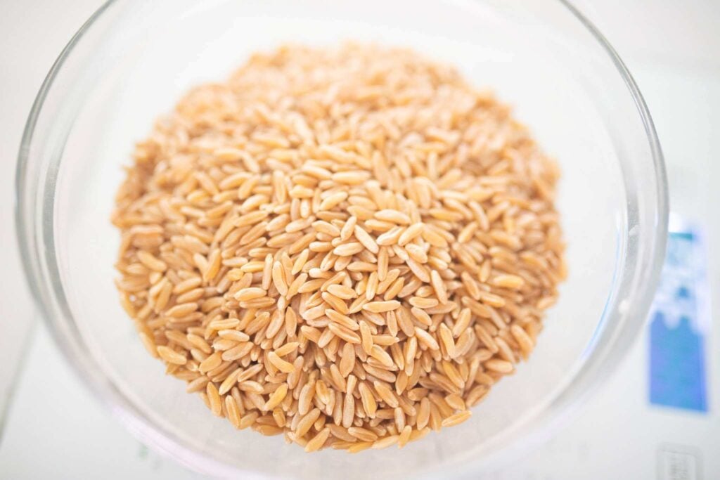 There is a pile of wheat berries in a glass bowl sitting on a scale.