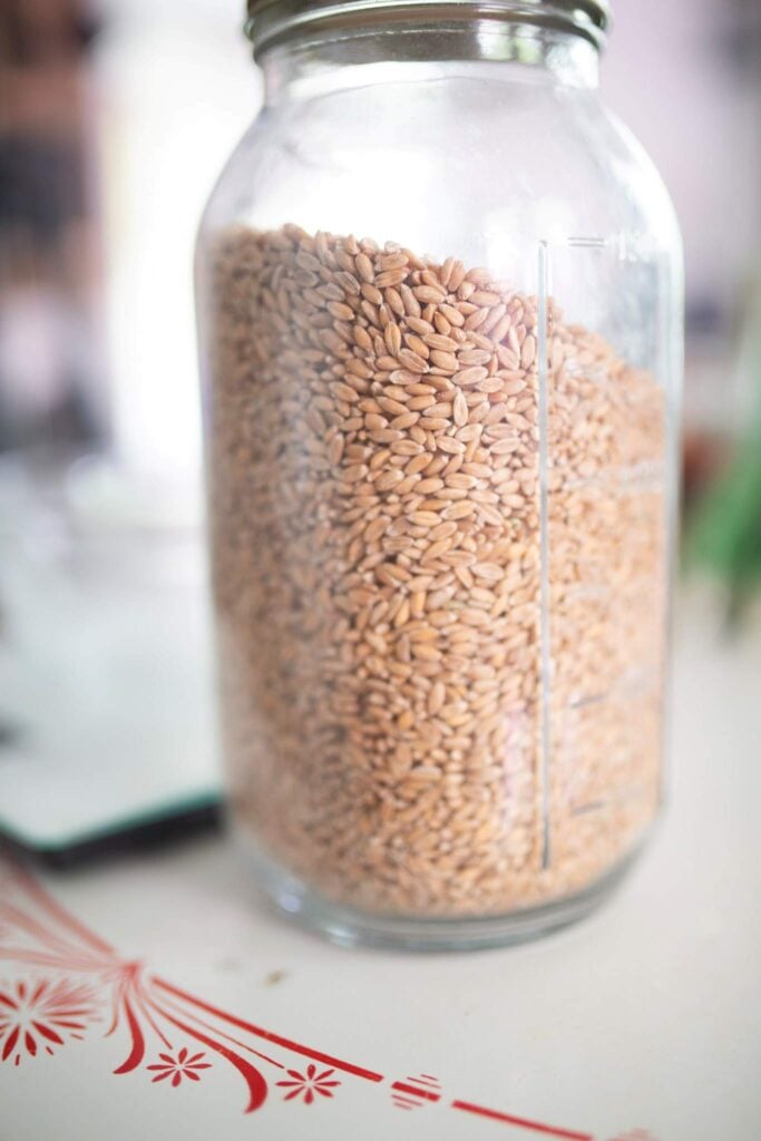 There is a mason jar almost full of whole grain berries.