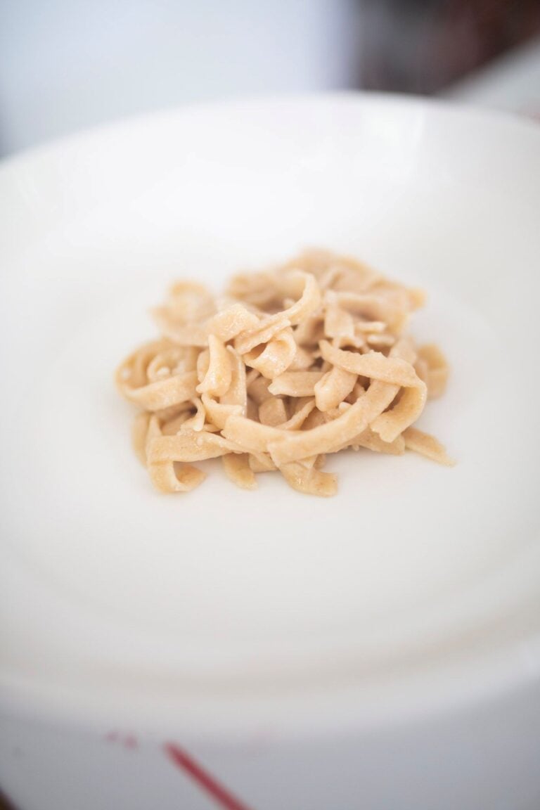 A mound of pasta noodles on a white dinner plate.