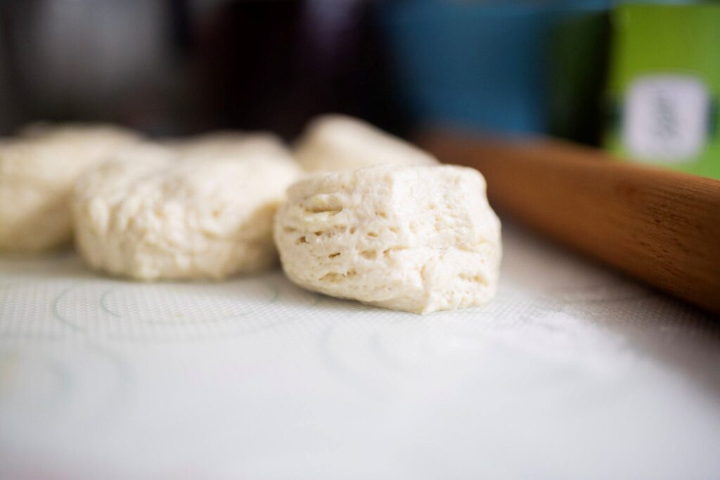 A shaped biscuit sitting on a counter.