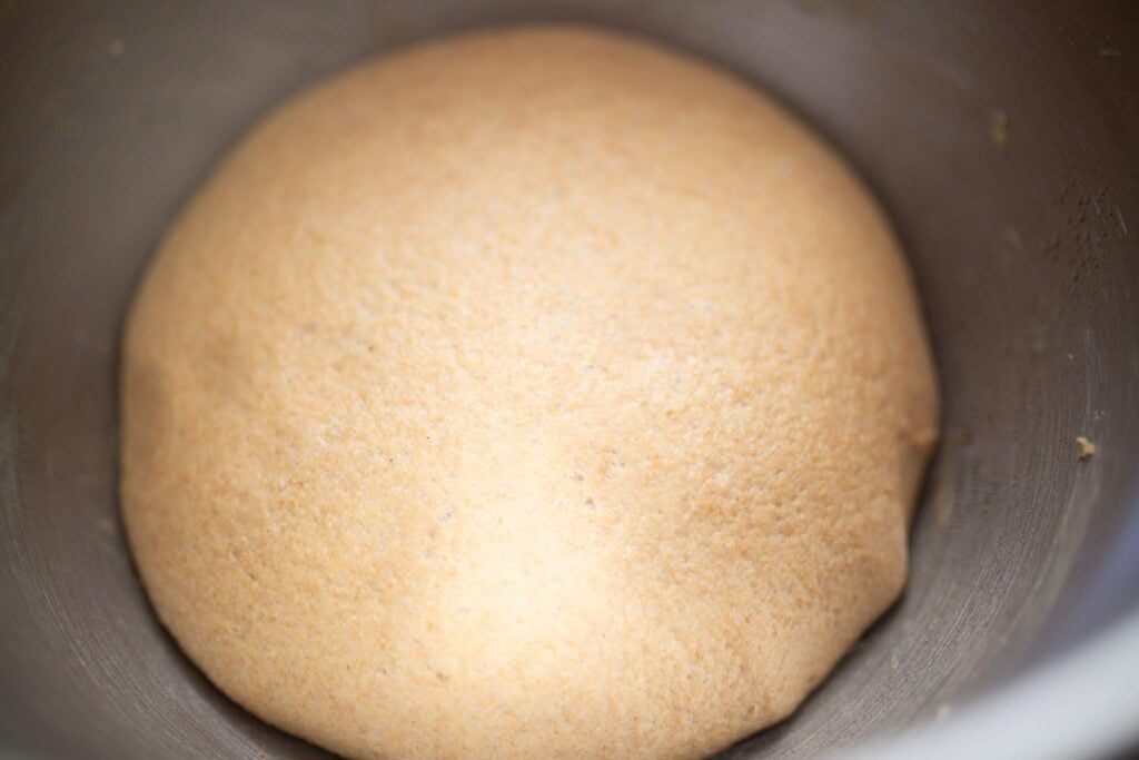 Looking down into a stainless steel bowl of risen bread dough.