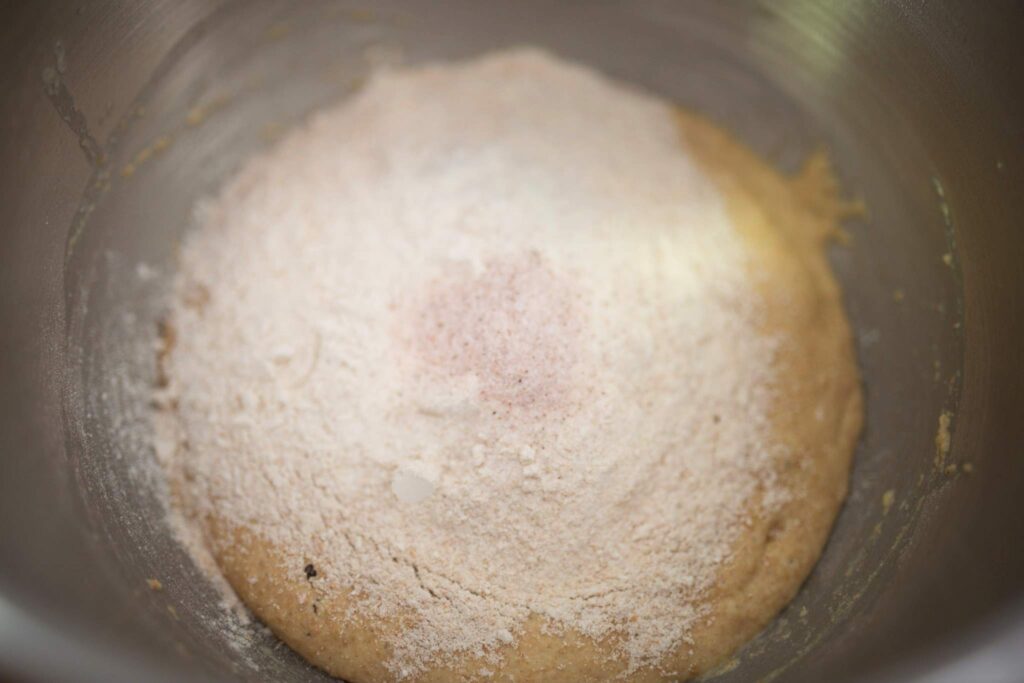 Dough is in a stainless steel bowl topped with flour and salt.