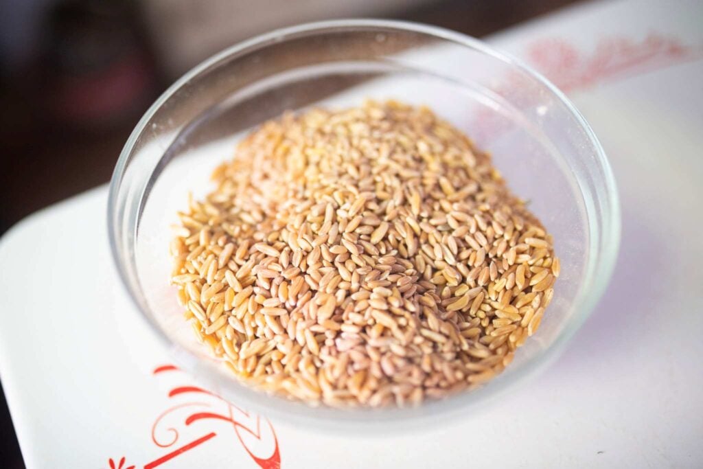 A glass bowl full of wheat berries on a white table.